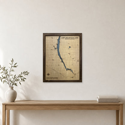 Last Mountain wood map — single layer with engraved contours, staged room mockup