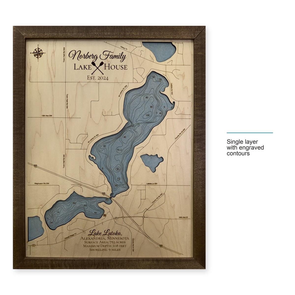 Latoka Norberg wood map — single layer with engraved contours, layer option shown