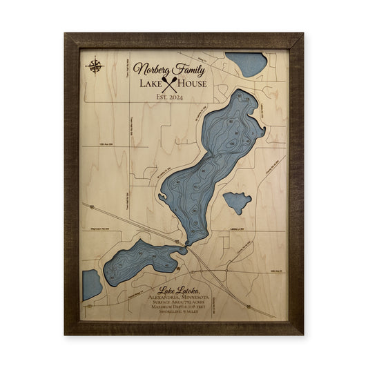 Latoka Norberg wood map — single layer with engraved contours, white background