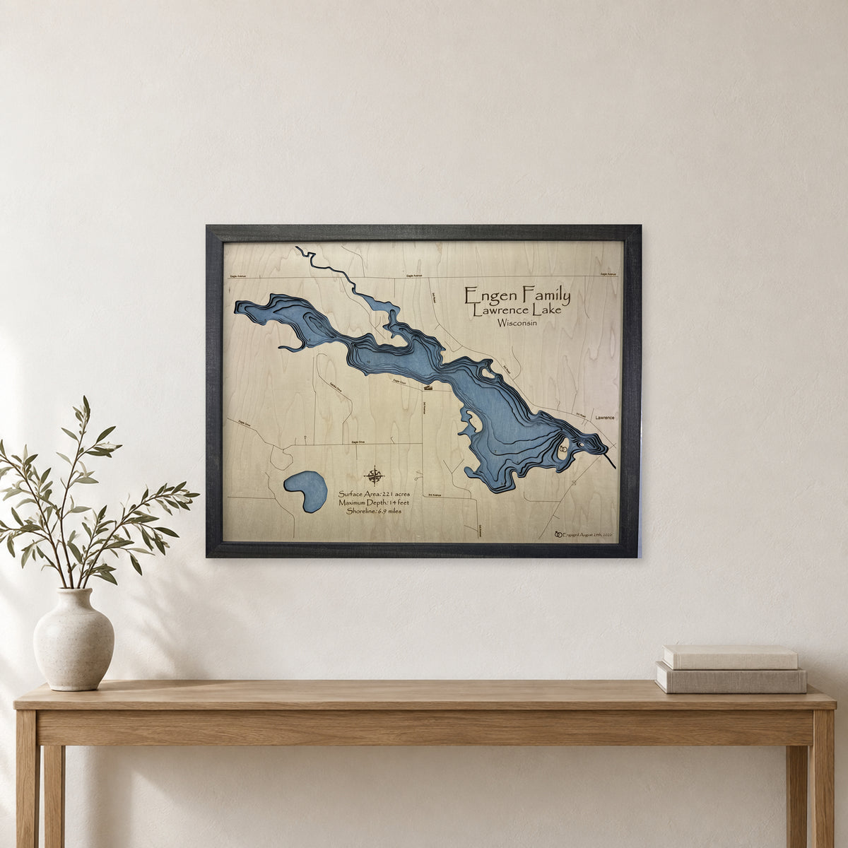 Lawrence Engen wood map — multilayer, staged room mockup