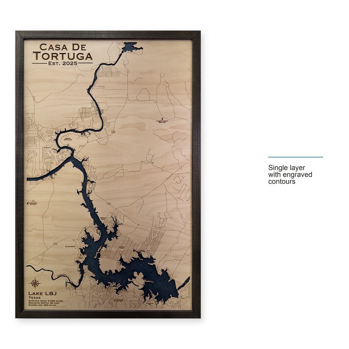 Lbj Casa Tortuga wood map — single layer with engraved contours, layer option shown