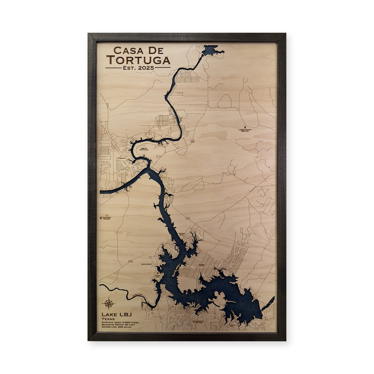 Lbj Casa Tortuga wood map — single layer with engraved contours, white background