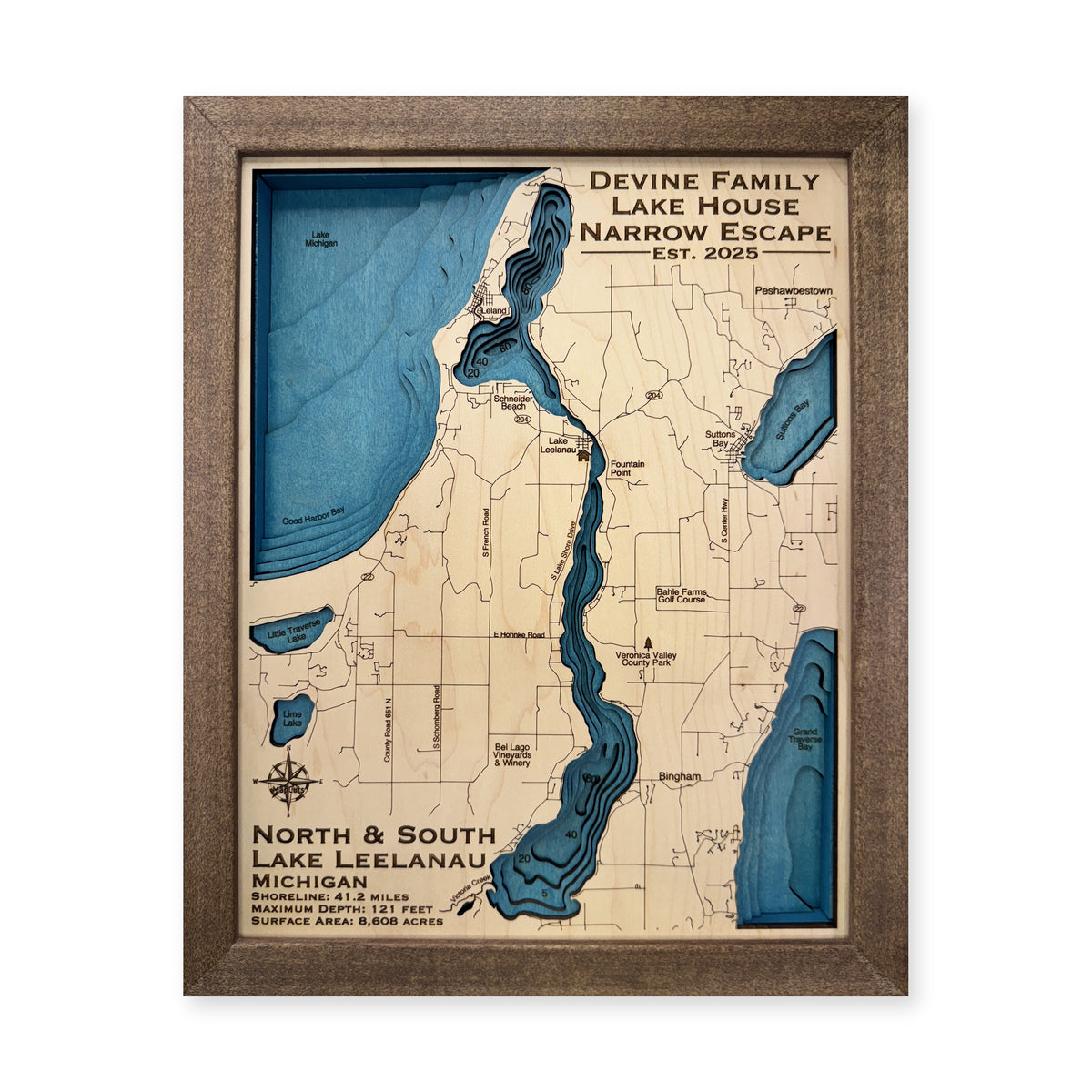 Leelanau Devine wood map — multilayer, white background