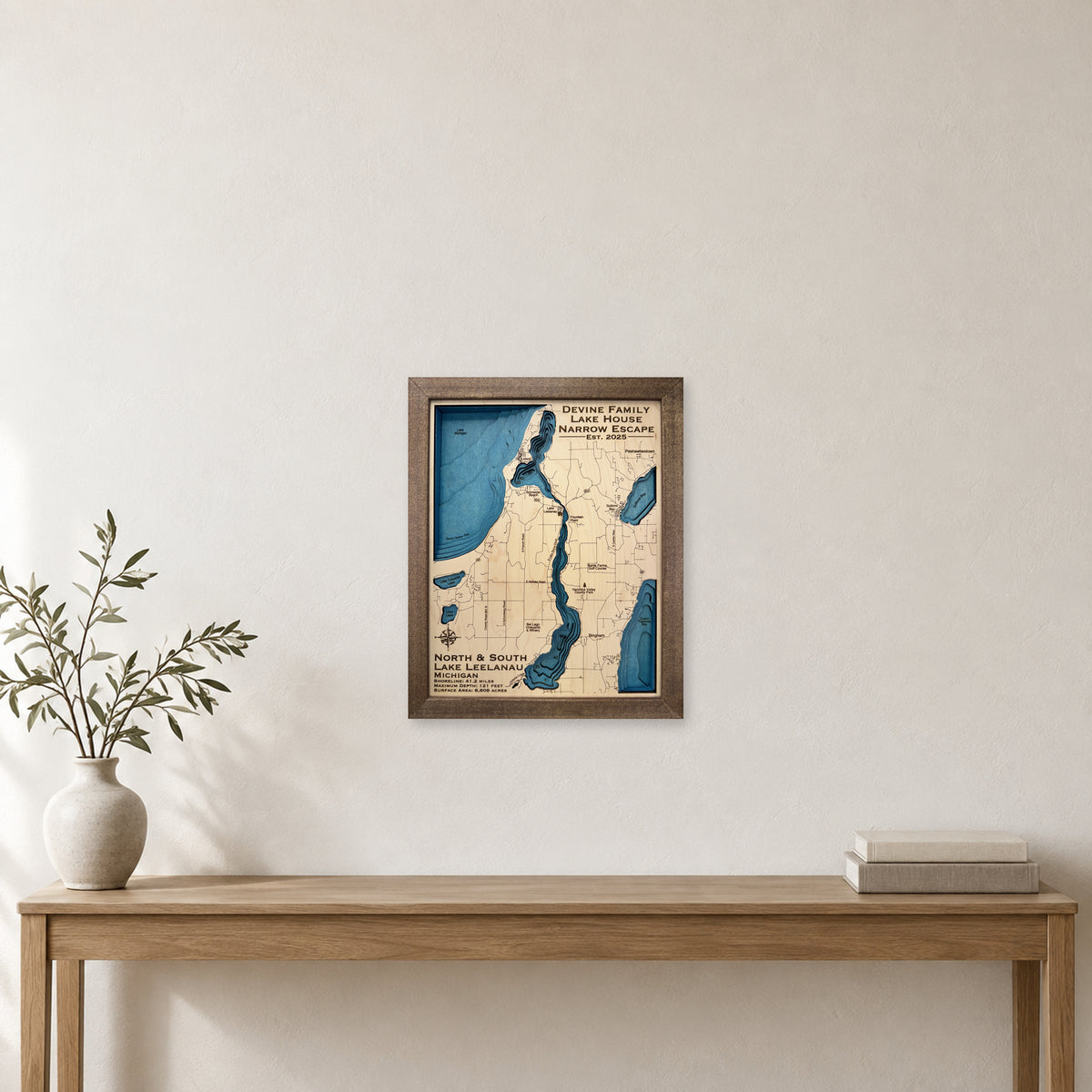 Leelanau Devine wood map — multilayer, staged room mockup