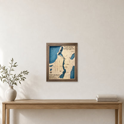 Leelanau Devine wood map — multilayer, staged room mockup
