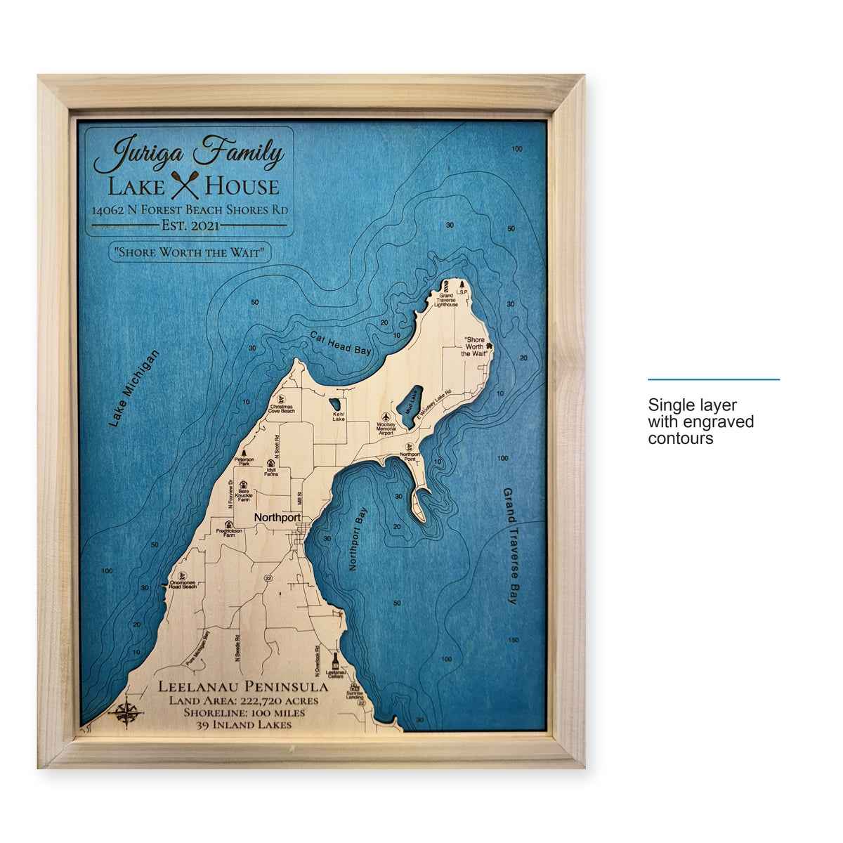 Leelanau Juriga wood map — single layer with engraved contours, layer option shown