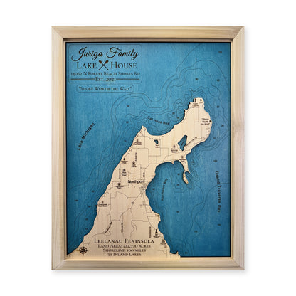Leelanau Juriga wood map — single layer with engraved contours, white background