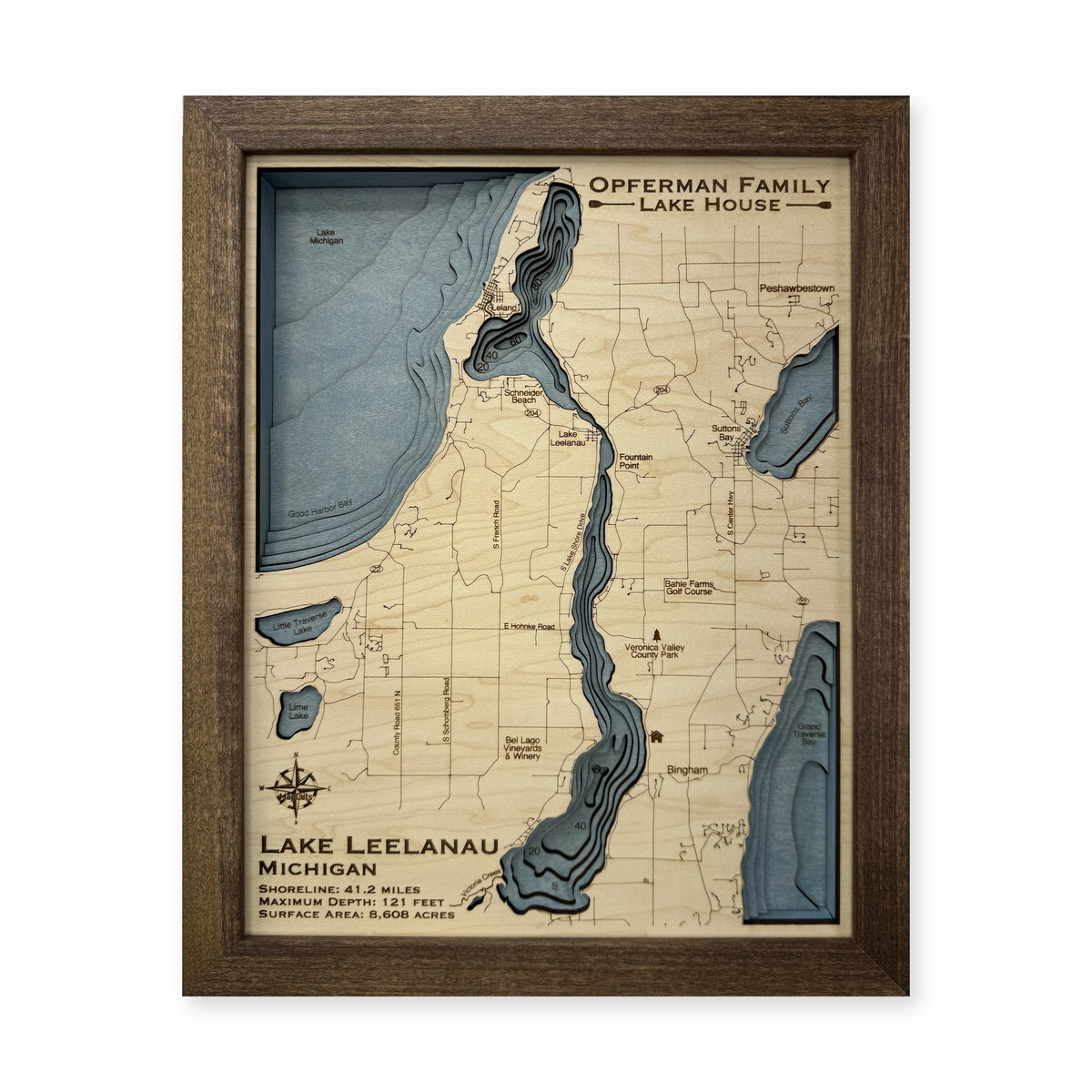 Leelanau Opferman wood map — multilayer, white background