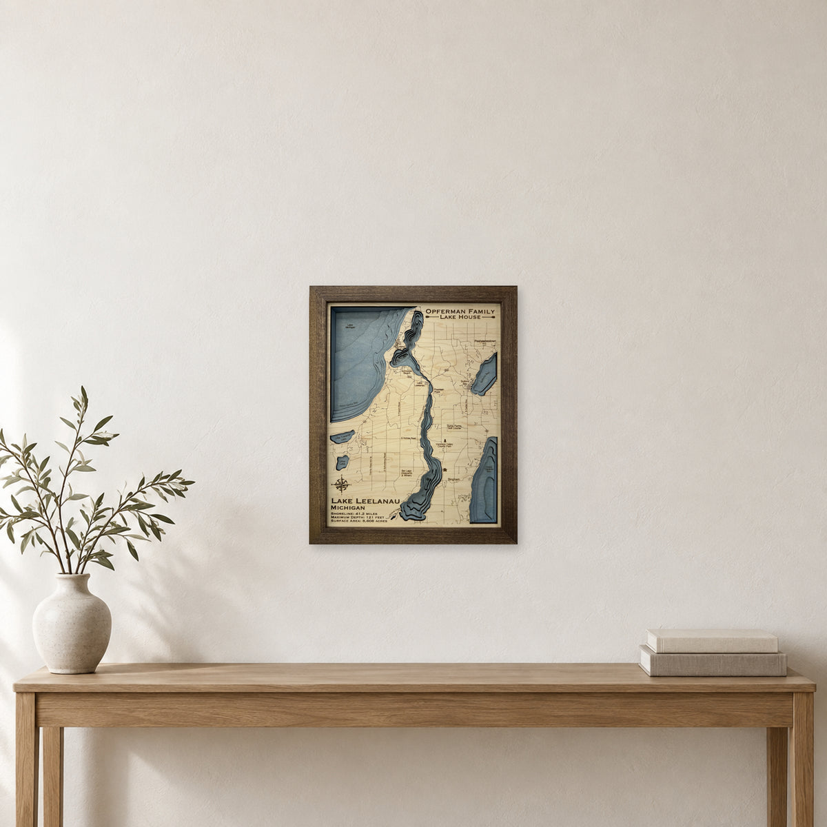 Leelanau Opferman wood map — multilayer, staged room mockup