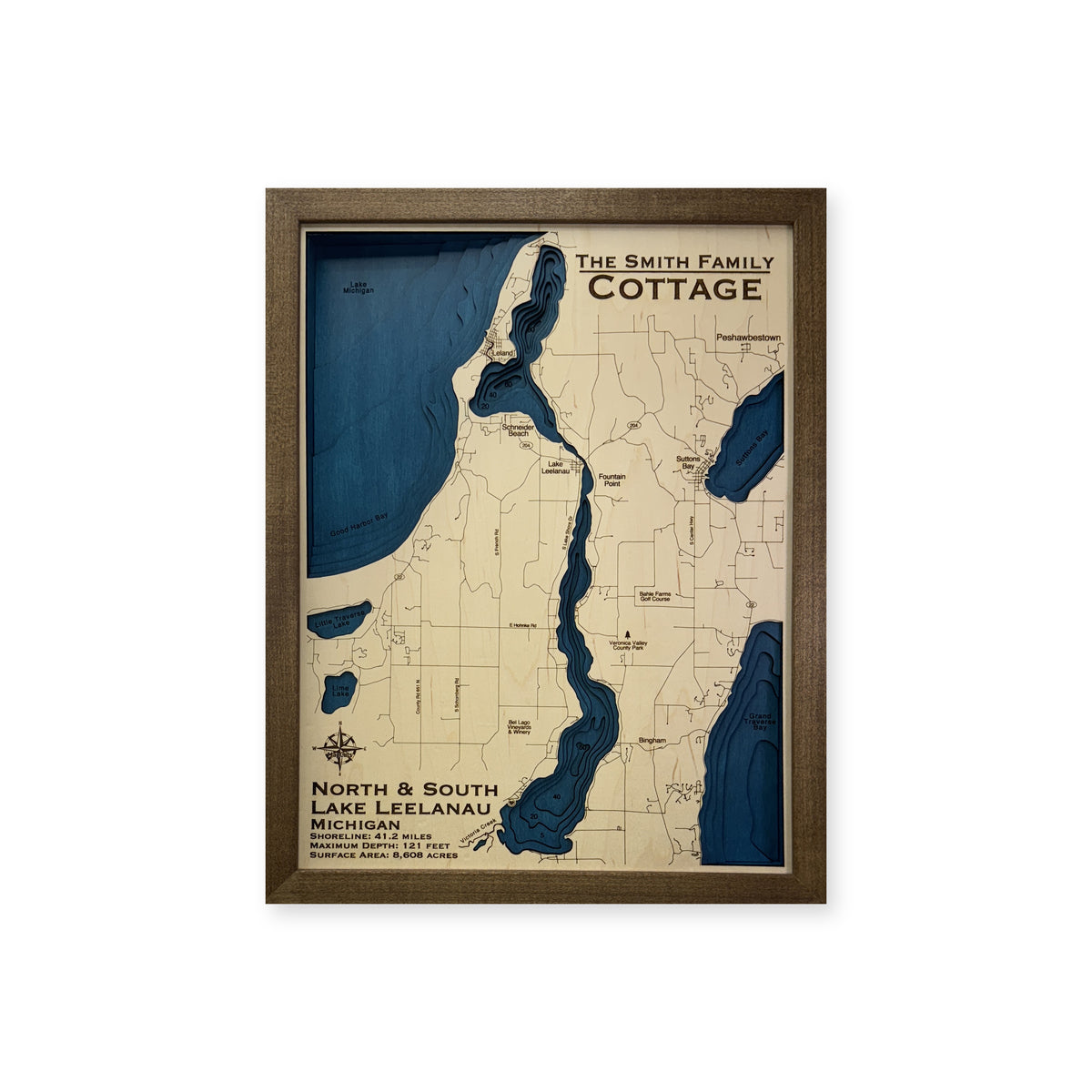 Leelanau Smith wood map — multilayer, white background