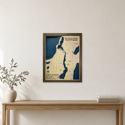 Leelanau Smith wood map — multilayer, staged room mockup