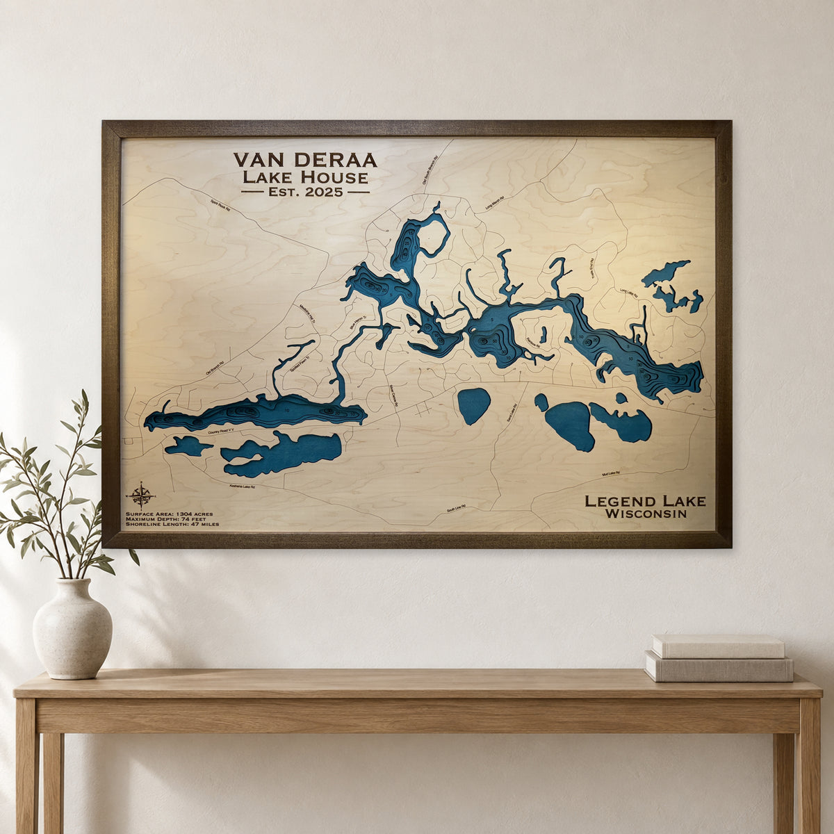 Legend Lake Van Deraa wood map — multilayer, staged room mockup