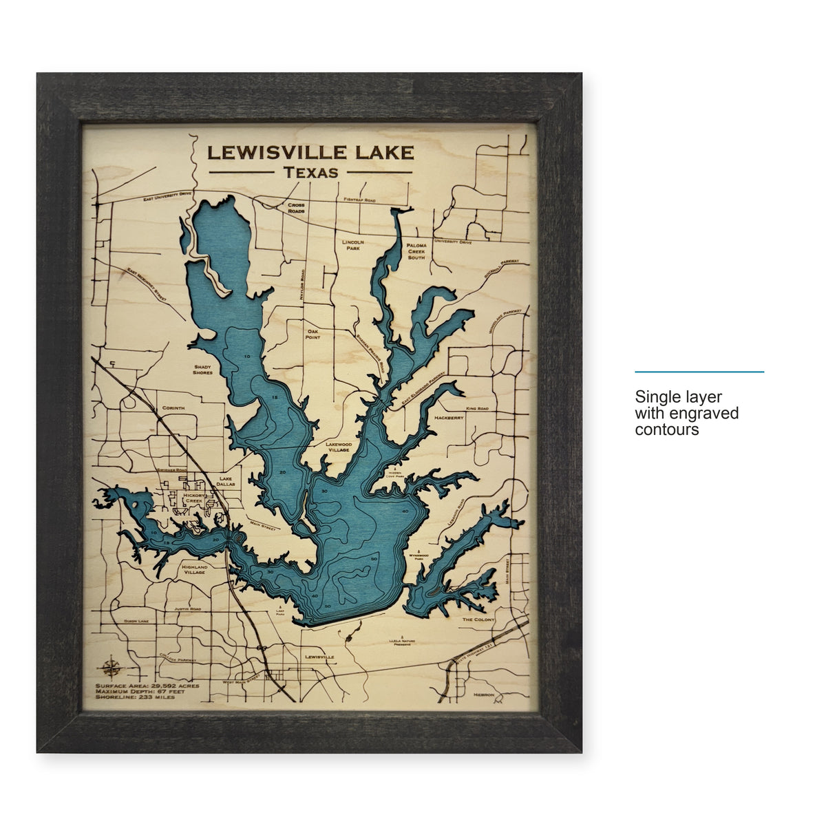 Lewisville Lake wood map — single layer with engraved contours, layer option shown
