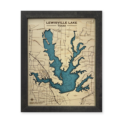 Lewisville Lake wood map — single layer with engraved contours, white background