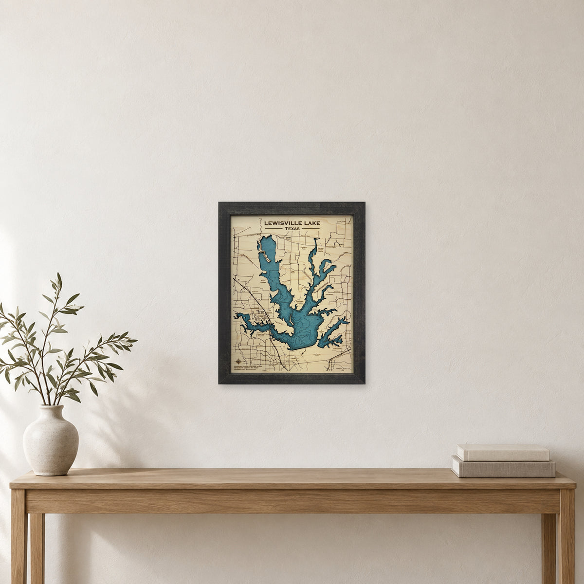 Lewisville Lake wood map — single layer with engraved contours, staged room mockup