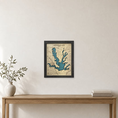 Lewisville Lake wood map — single layer with engraved contours, staged room mockup