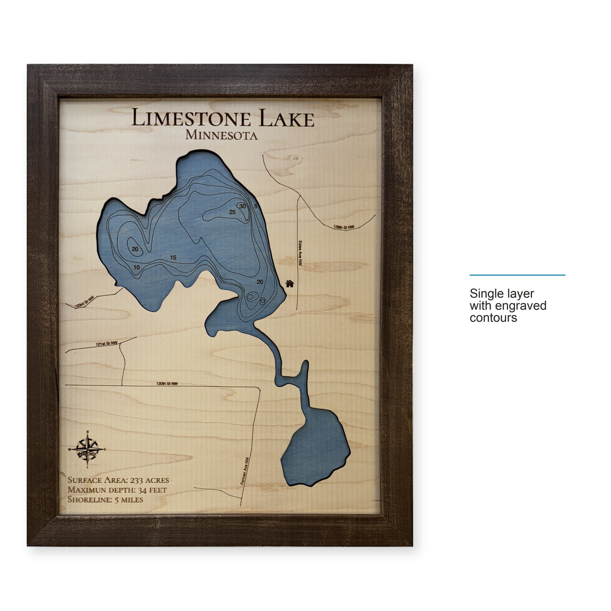 Limestone Lake wood map — single layer with engraved contours, layer option shown