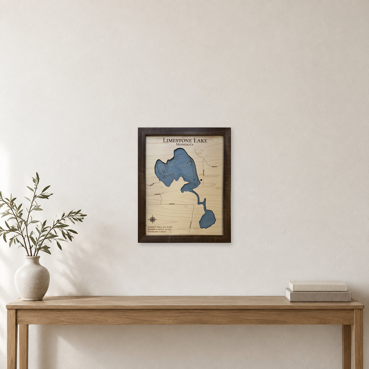 Limestone Lake wood map — single layer with engraved contours, staged room mockup