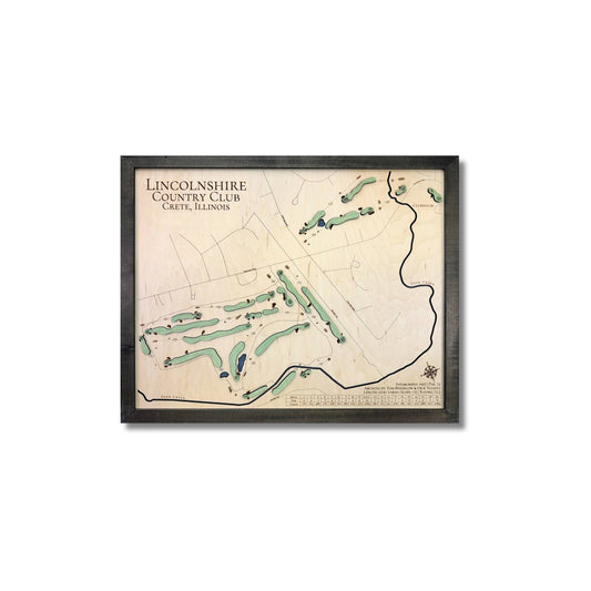 3D wooden golf map of Lincolnshire Country Club with a black frame. 