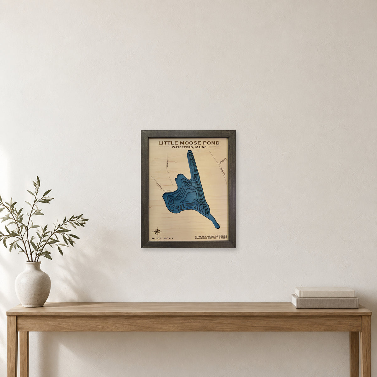 Little Moose Mcphee wood map — multilayer, staged room mockup