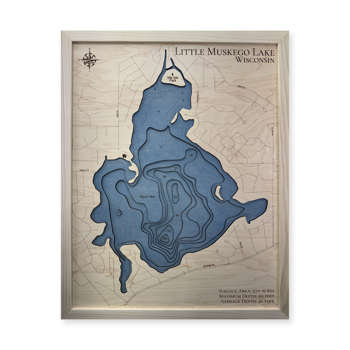 Little Muskego Natural wood map — multilayer, white background