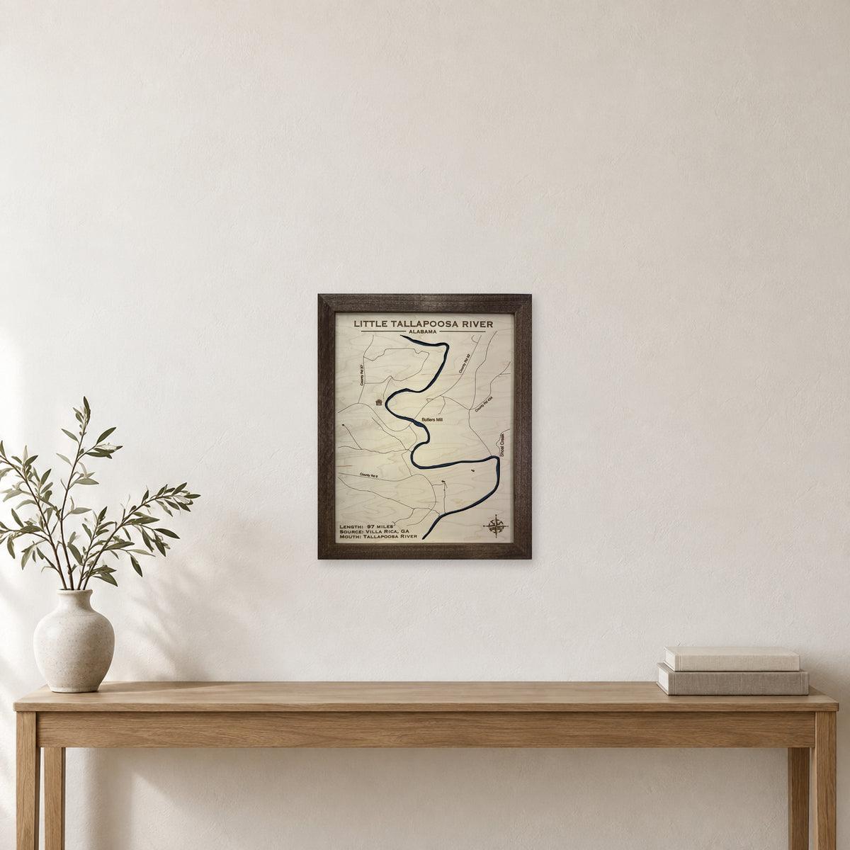 Little Tallapoosa wood map — single layer, staged room mockup