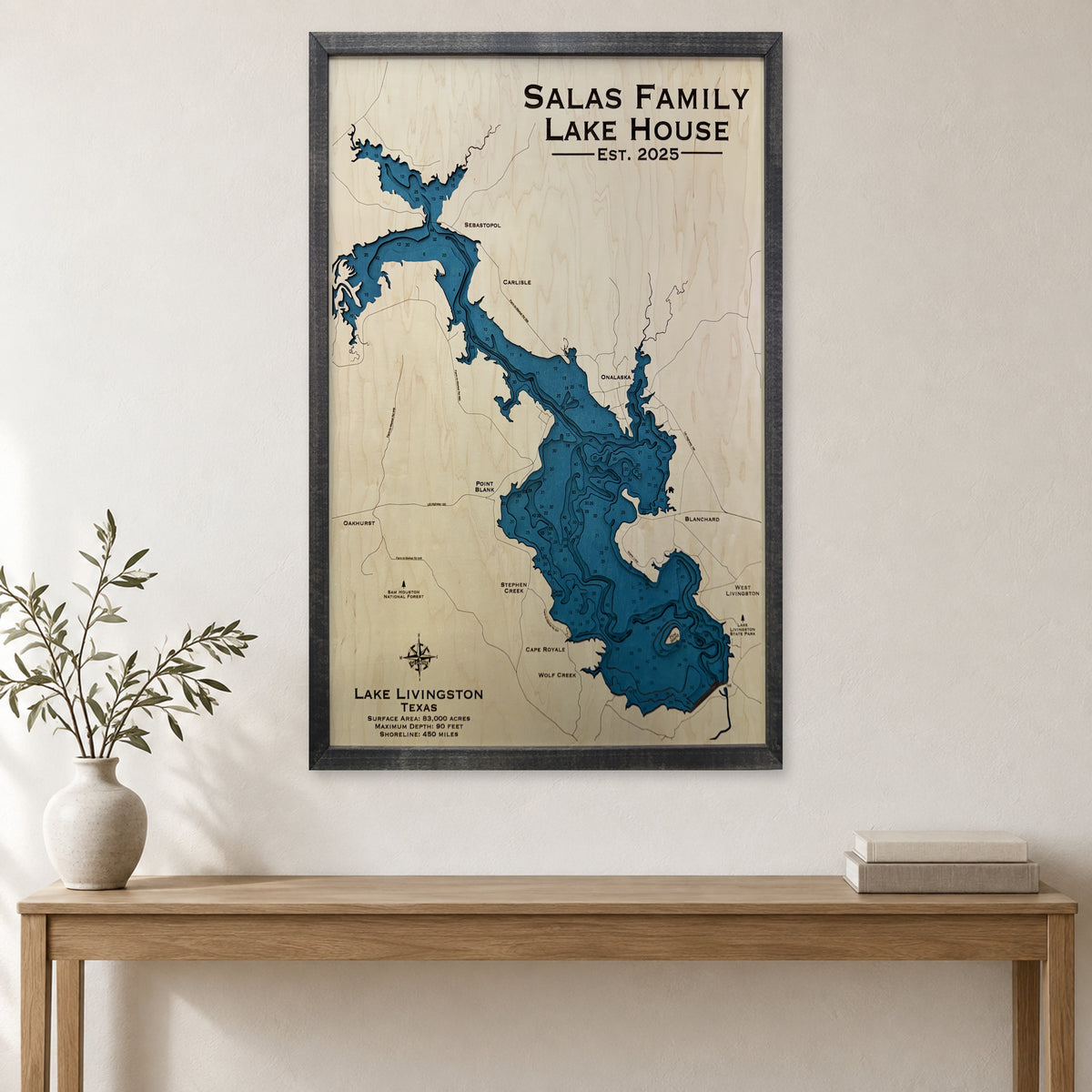 Livingston Salas wood map — multilayer, staged room mockup