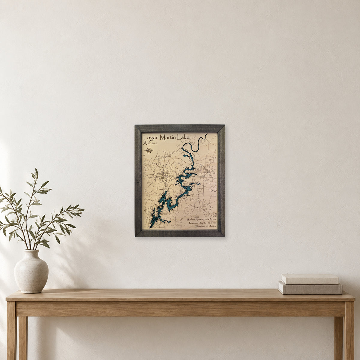 Logan Martin Bearden wood map — multilayer, staged room mockup
