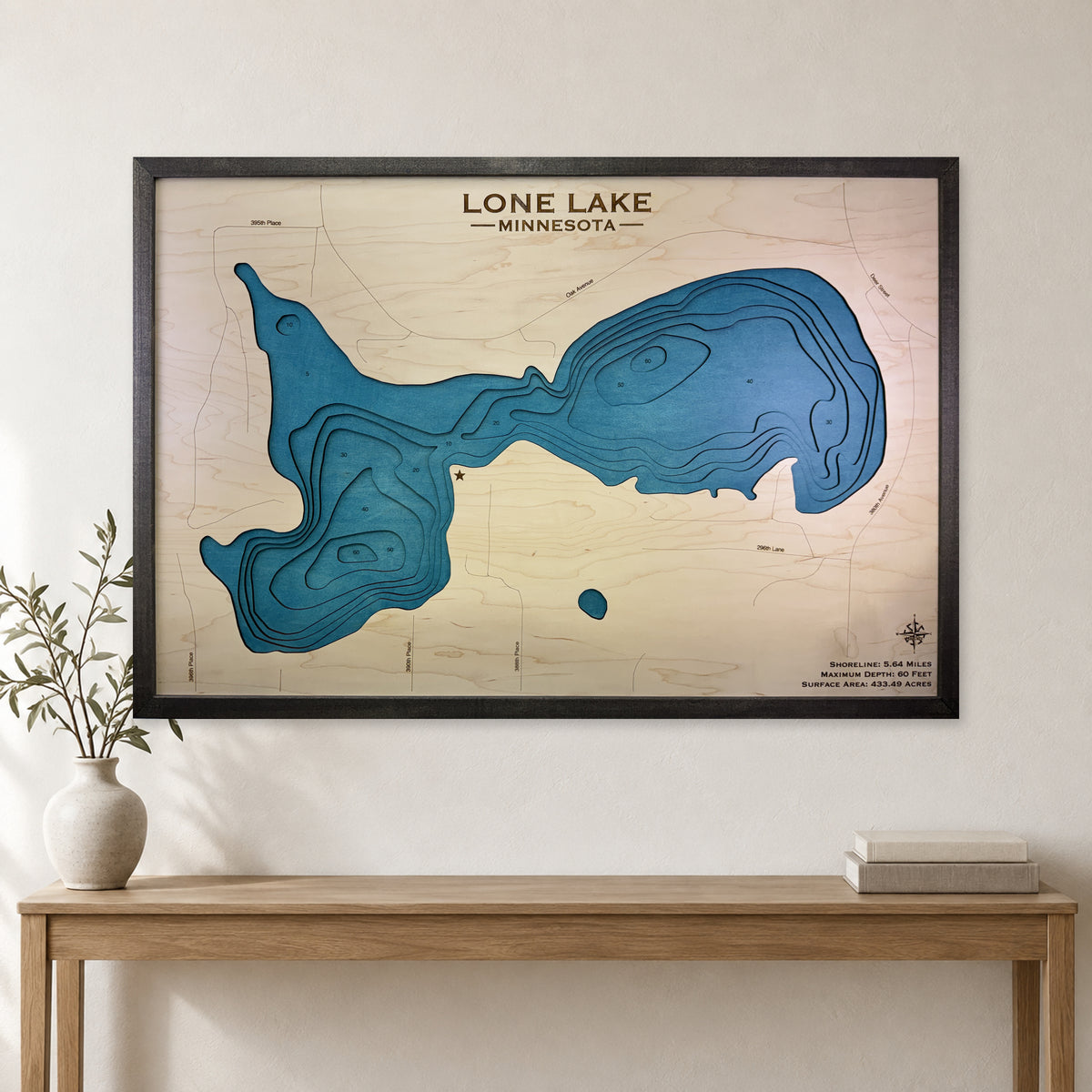 Lone Lake Multilayer wood map — multilayer, staged room mockup