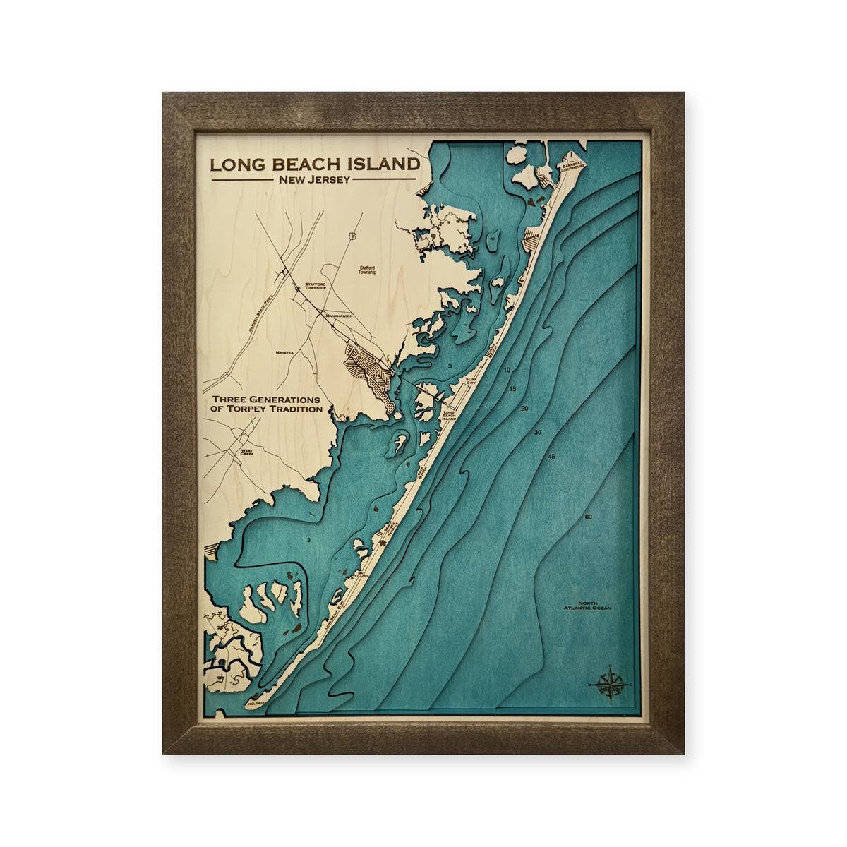Long Beach Island Toffey wood map — multilayer, white background