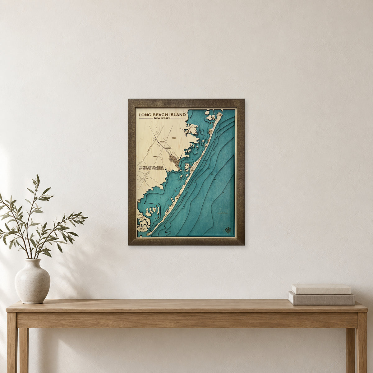 Long Beach Island Toffey wood map — multilayer, staged room mockup