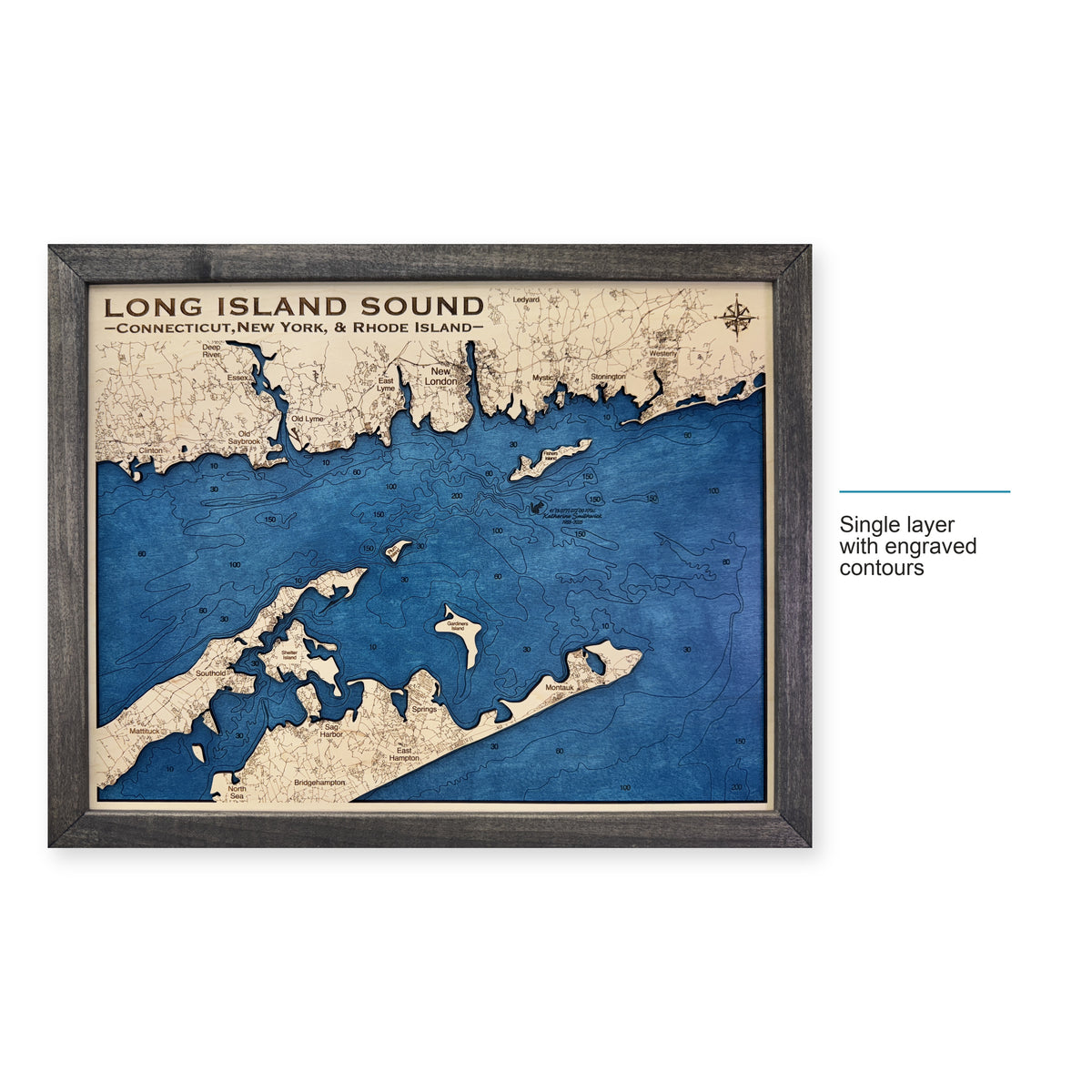 Long Island Sound Charcoal wood map — single layer with engraved contours, layer option shown