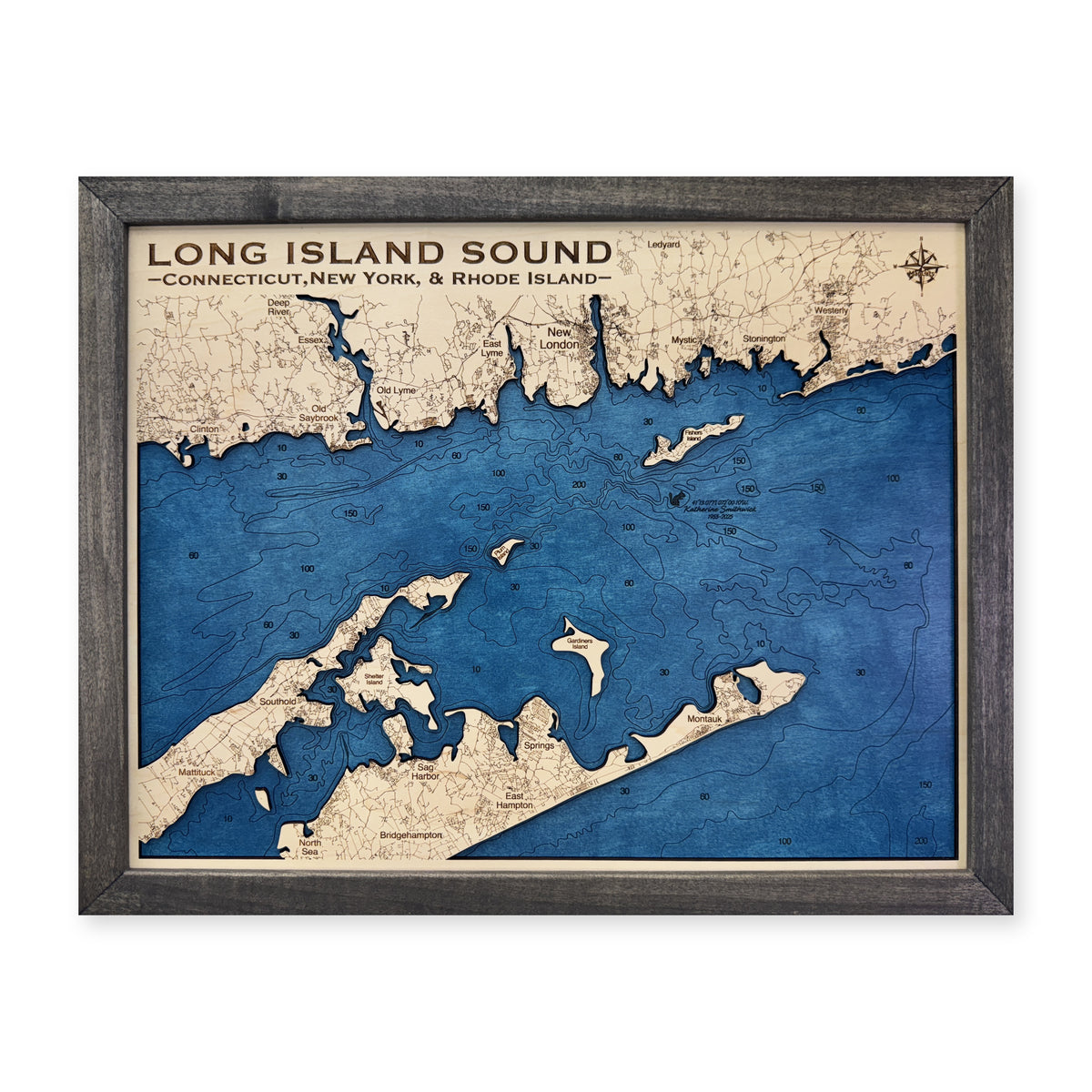 Long Island Sound Charcoal wood map — single layer with engraved contours, white background