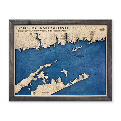 Long Island Sound Charcoal wood map — single layer with engraved contours, white background