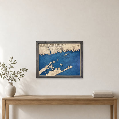 Long Island Sound Charcoal wood map — single layer with engraved contours, staged room mockup