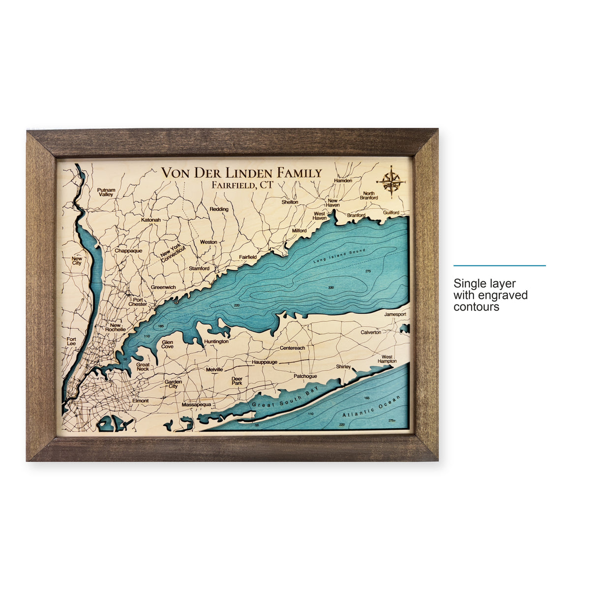 Long Island Sound Von Der Linden wood map — single layer with engraved contours, layer option shown