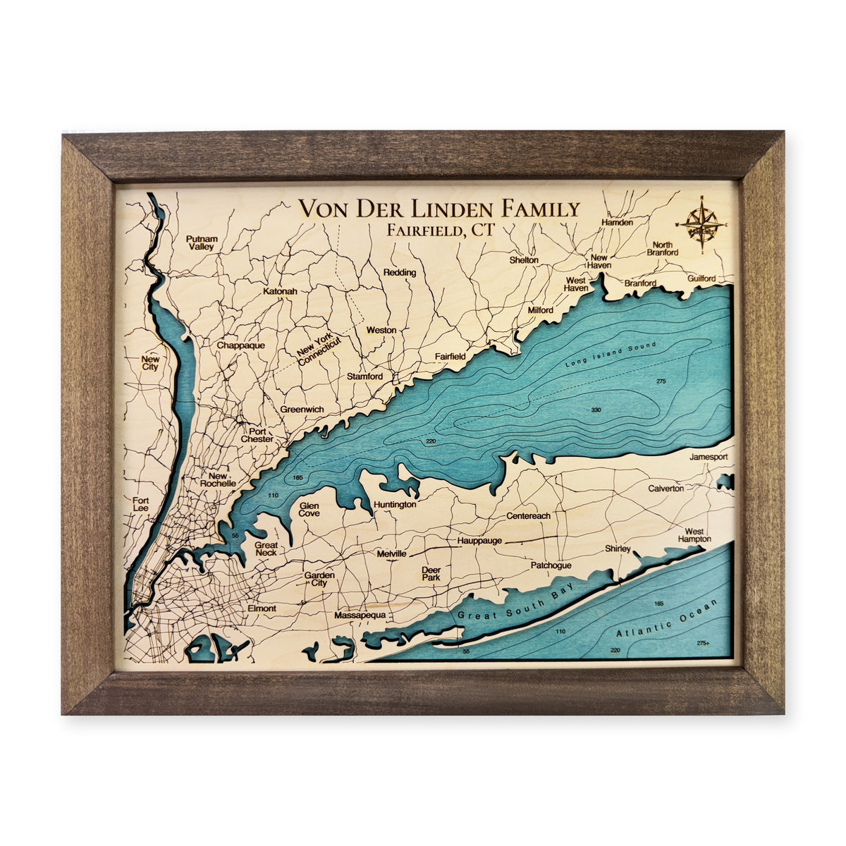 Long Island Sound Von Der Linden wood map — single layer with engraved contours, white background