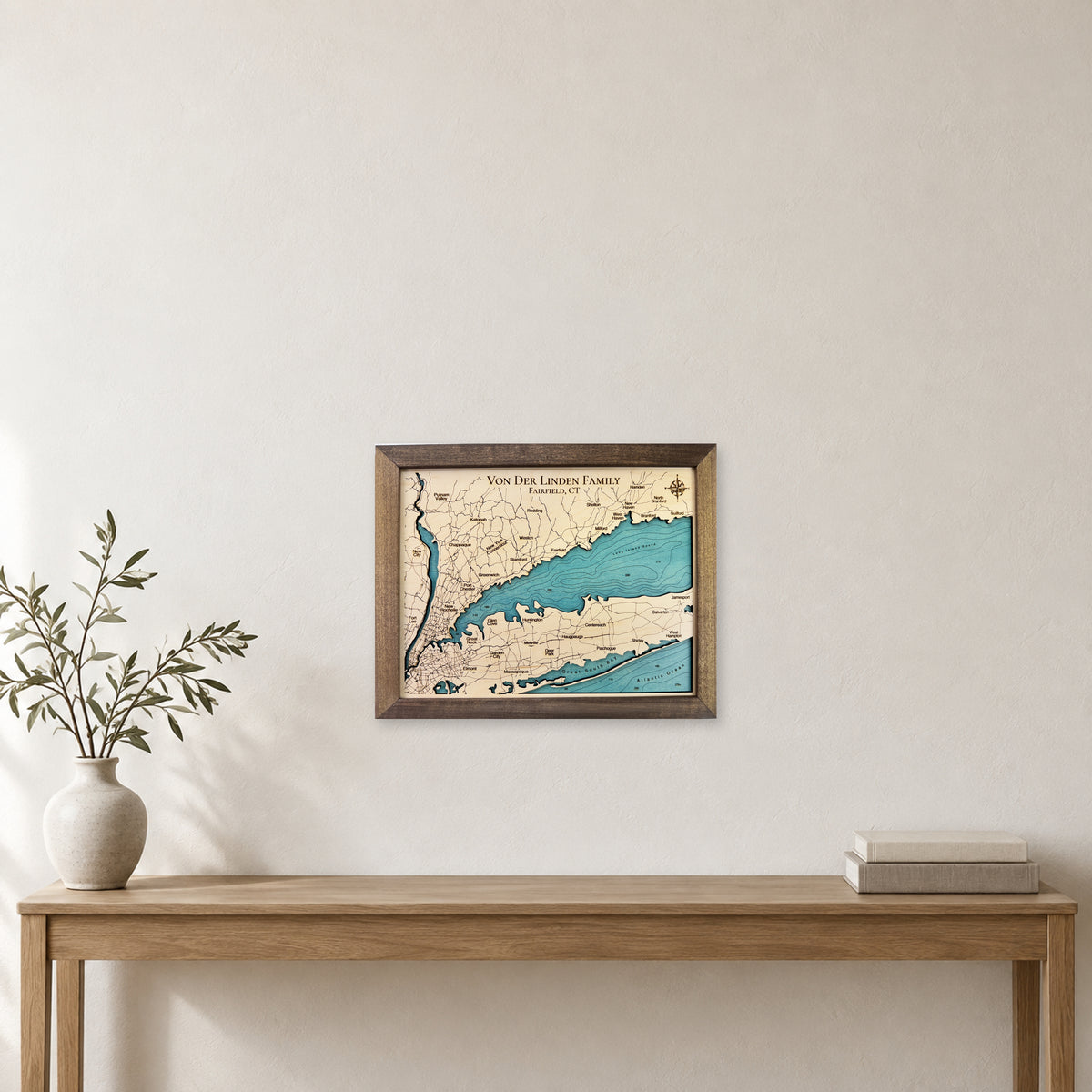 Long Island Sound Von Der Linden wood map — single layer with engraved contours, staged room mockup