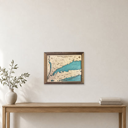 Long Island Sound Von Der Linden wood map — single layer with engraved contours, staged room mockup