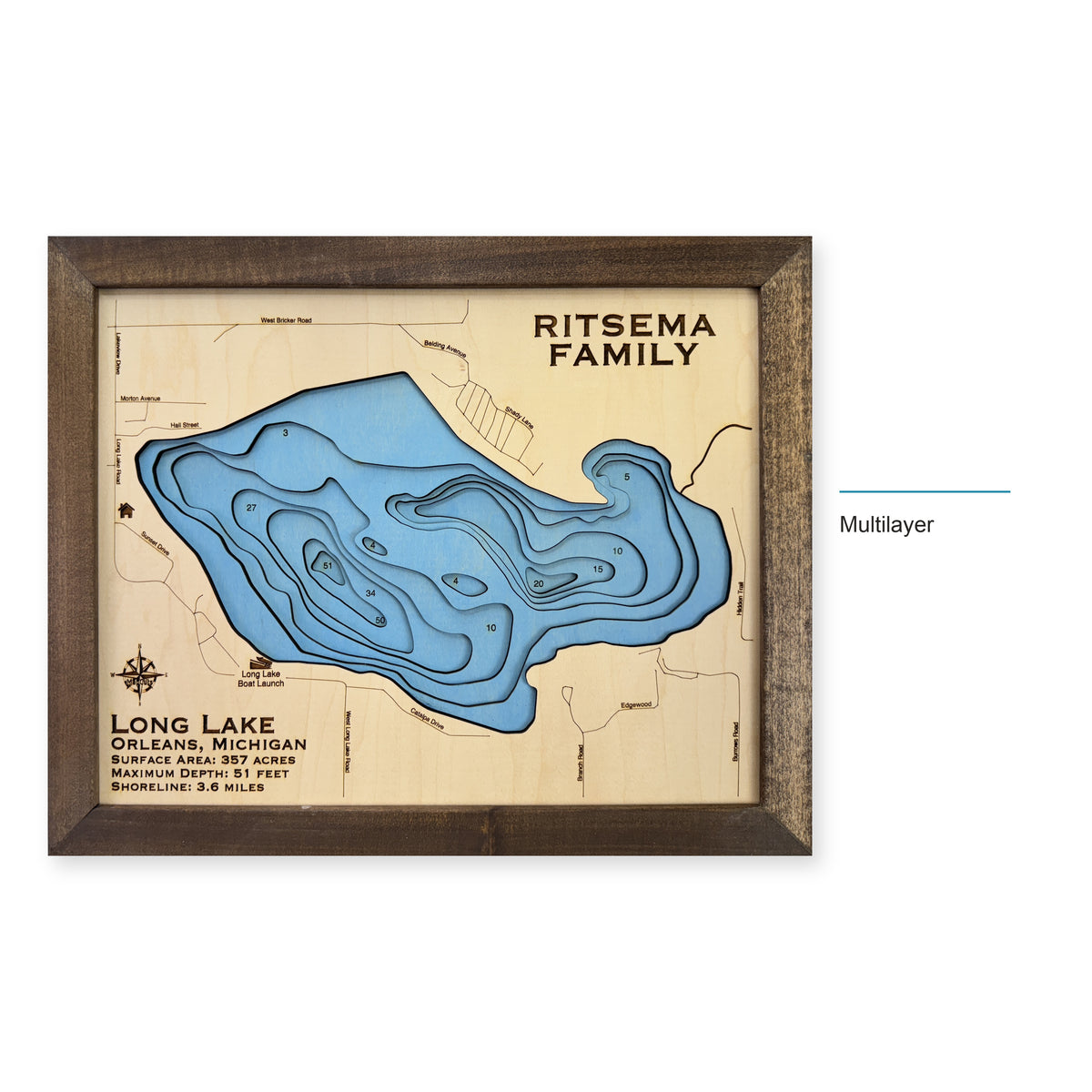 Long Lake Orleans Michigan wood map — multilayer, layer option shown