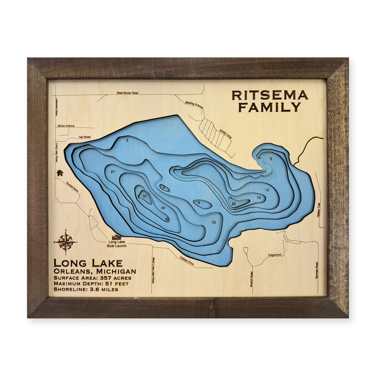 Long Lake Orleans Michigan wood map — multilayer, white background