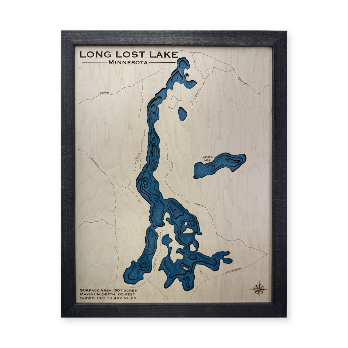 Long Lost Lake wood map — multilayer, white background