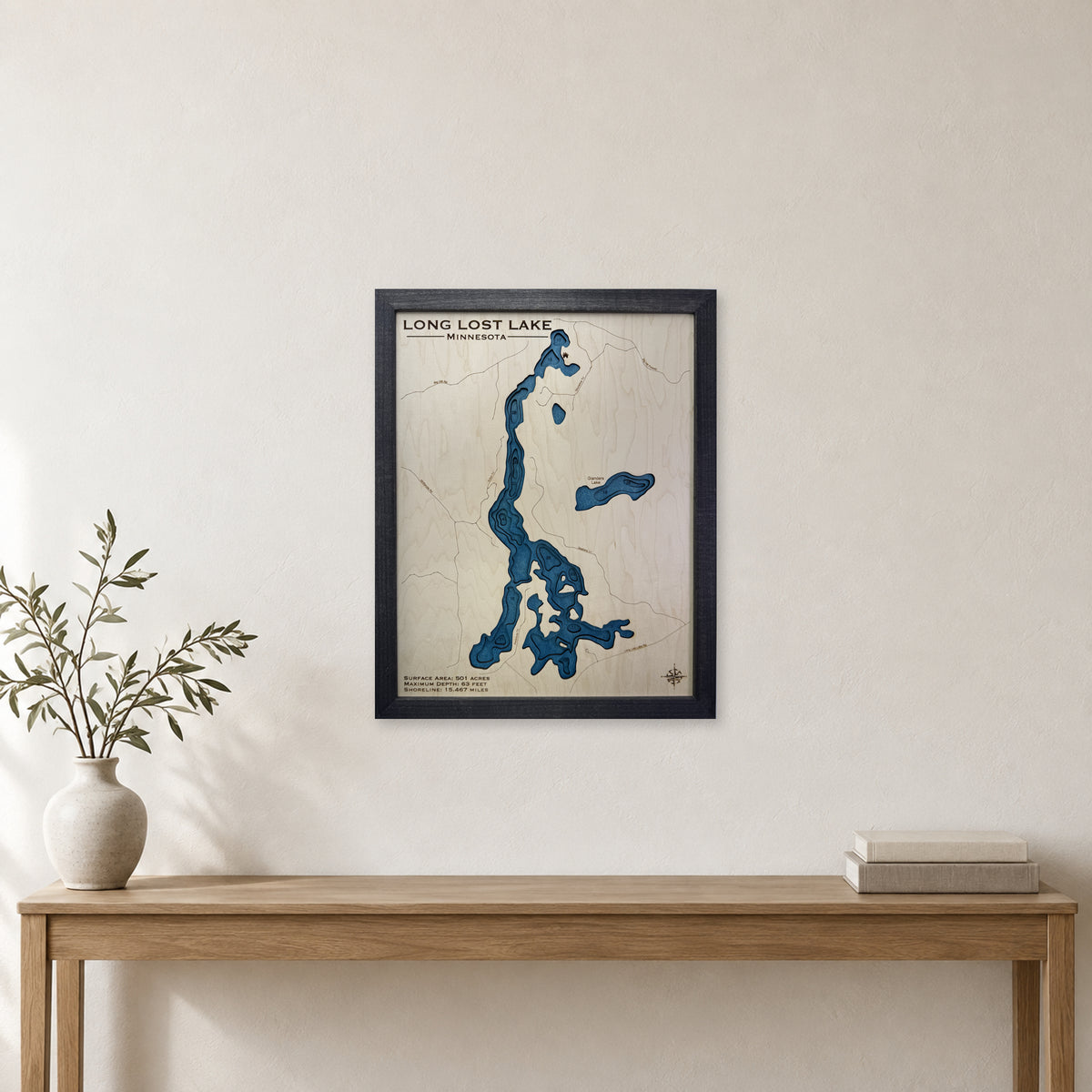 Long Lost Lake wood map — multilayer, staged room mockup