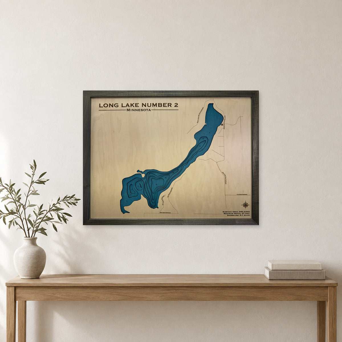 Long Number Two wood map — multilayer, staged room mockup