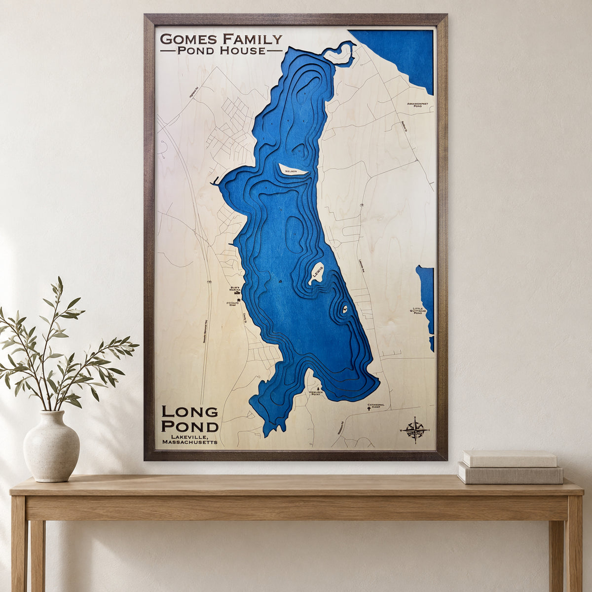 Long Pond Lakeville wood map — multilayer, staged room mockup