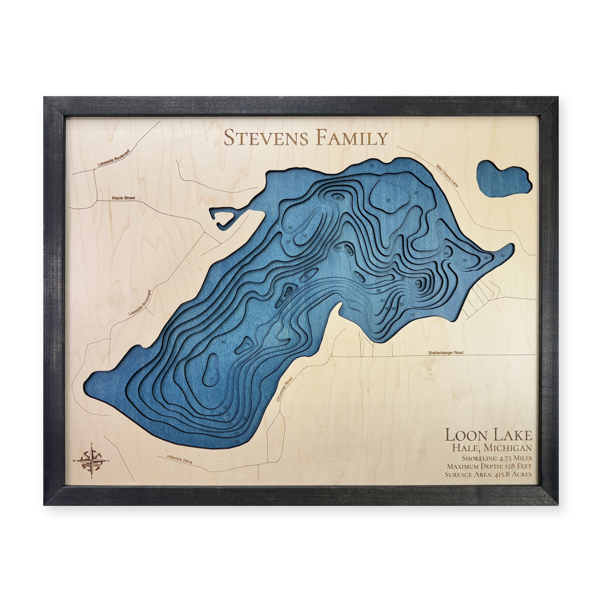 Loon Lake Hale Michigan wood map — multilayer, white background