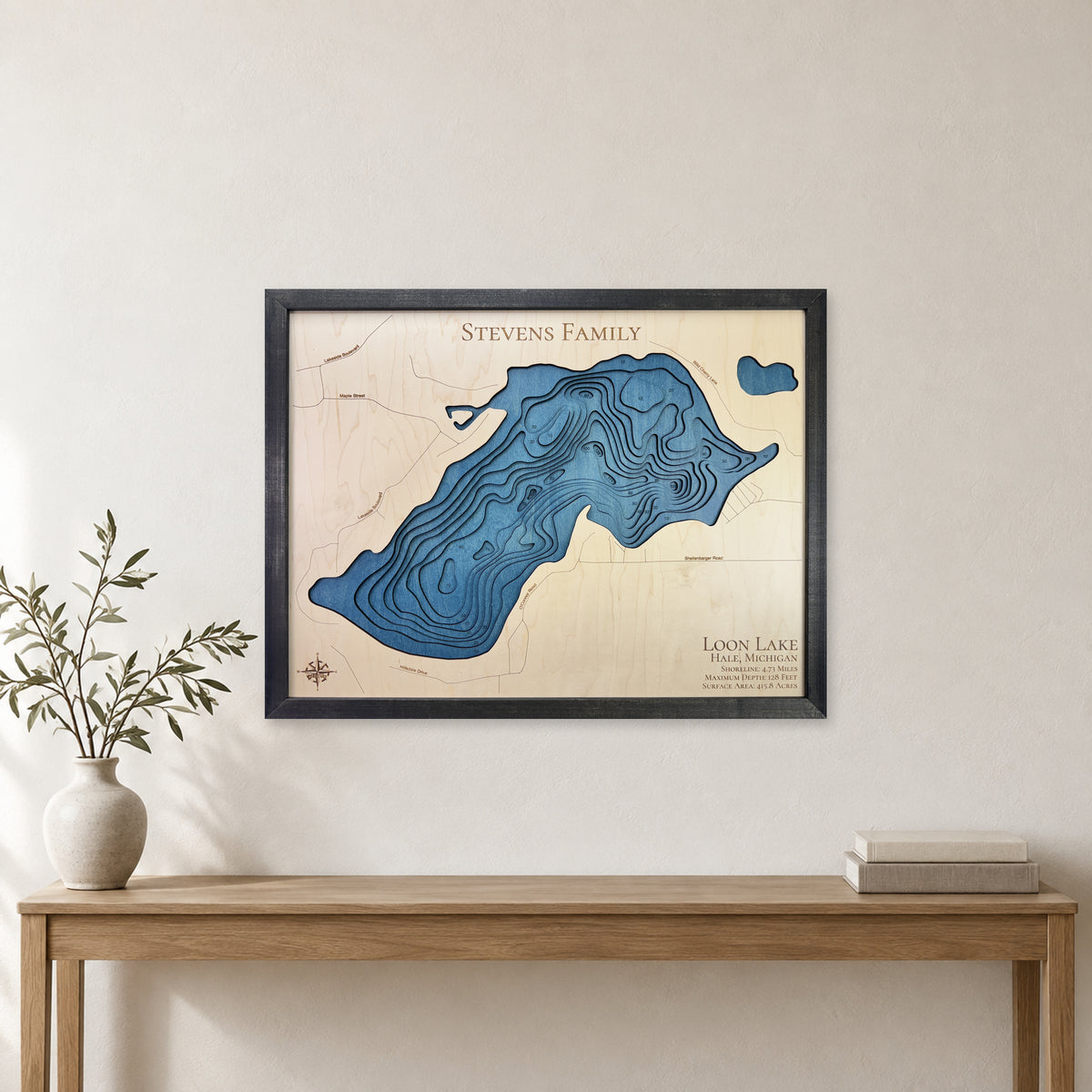 Loon Lake Hale Michigan wood map — multilayer, staged room mockup