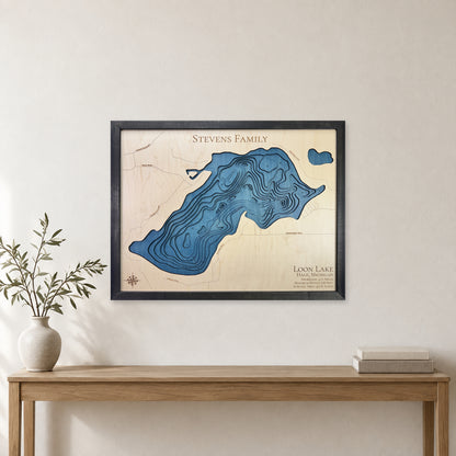 Loon Lake Hale Michigan wood map — multilayer, staged room mockup