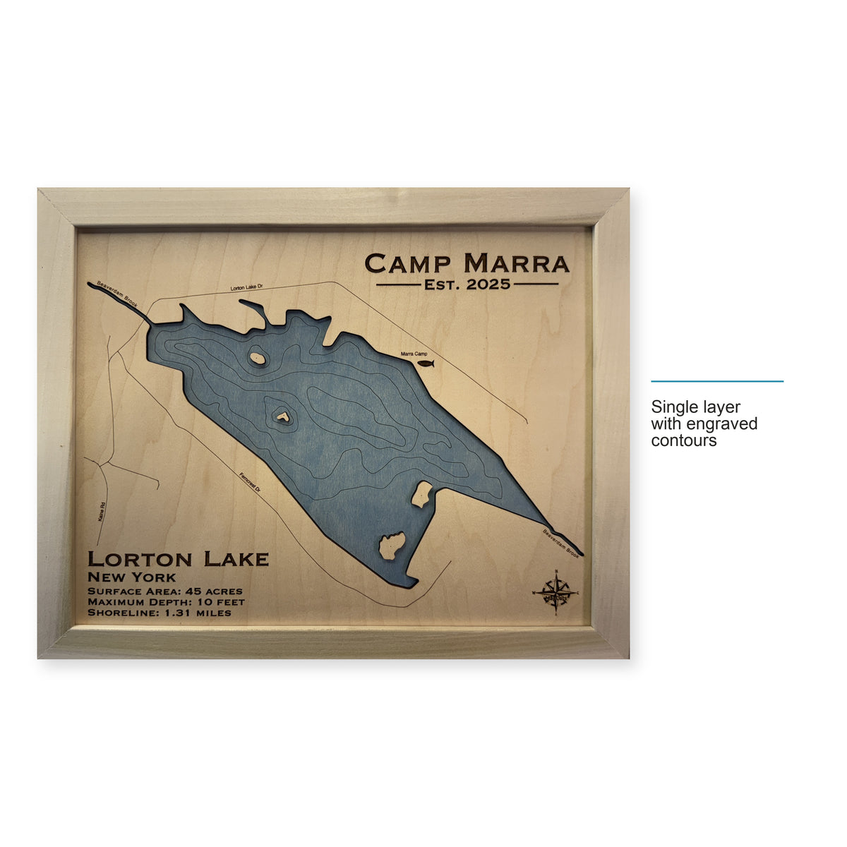 Lorton Camp Marra wood map — single layer with engraved contours, layer option shown