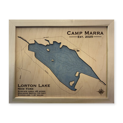 Lorton Camp Marra wood map — single layer with engraved contours, white background
